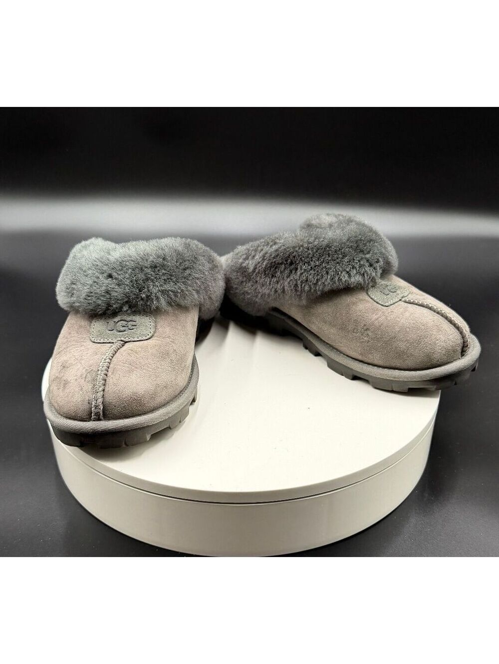 UGG Coquette Charcoal Grey Suede Sheepskin Fur Slippers Clogs Women's Size 6